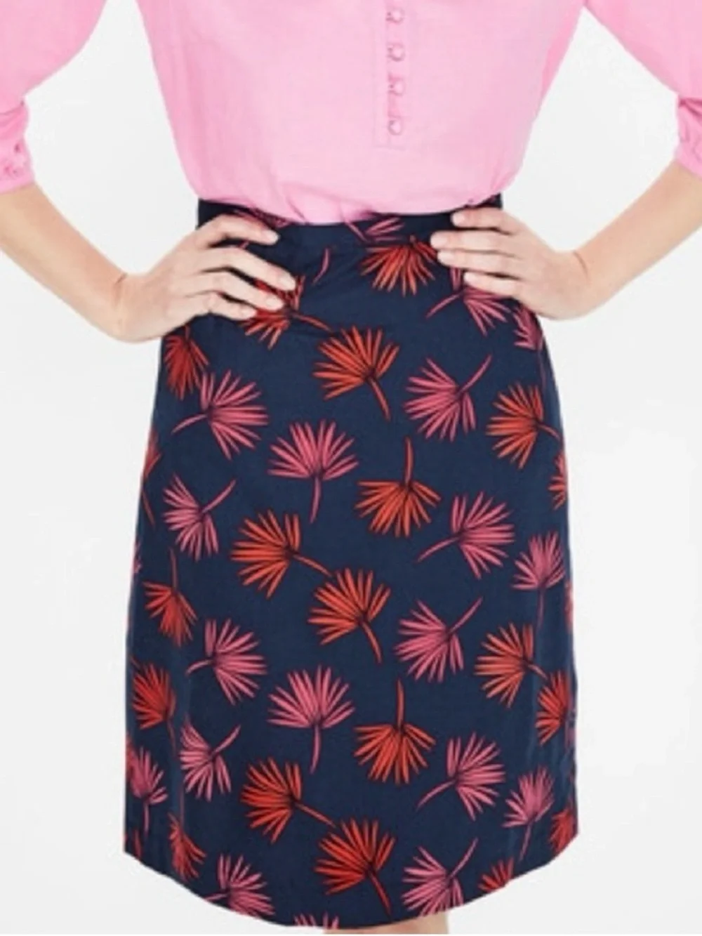 Boden Scattered‎ Holiday Palm Print A-Line Cotton Skirt Navy Blue & Pink Size 4